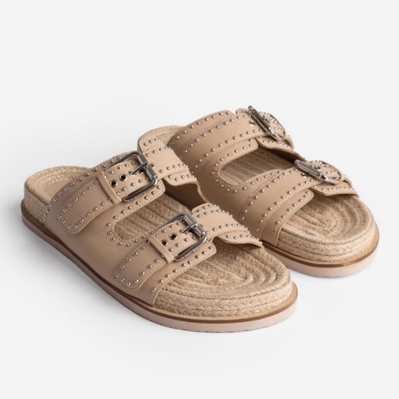 Johnny Was Leather Studded Everyday Buckle Slide Sandal Beige SZ 10 - Picture 1 of 16